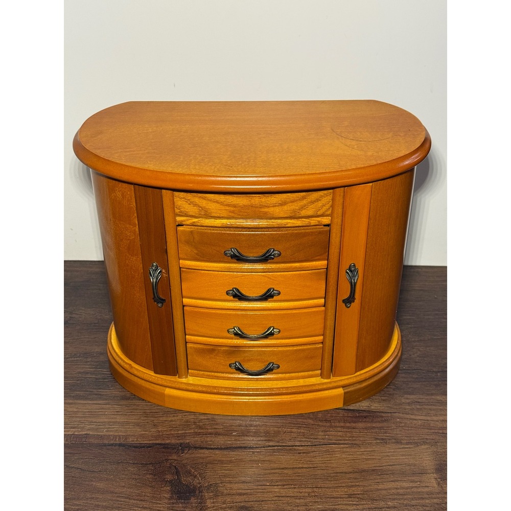 Vintage Wood Jewelry Armoire Tabletop Chest Mirror Drawers Honey Oak Finish